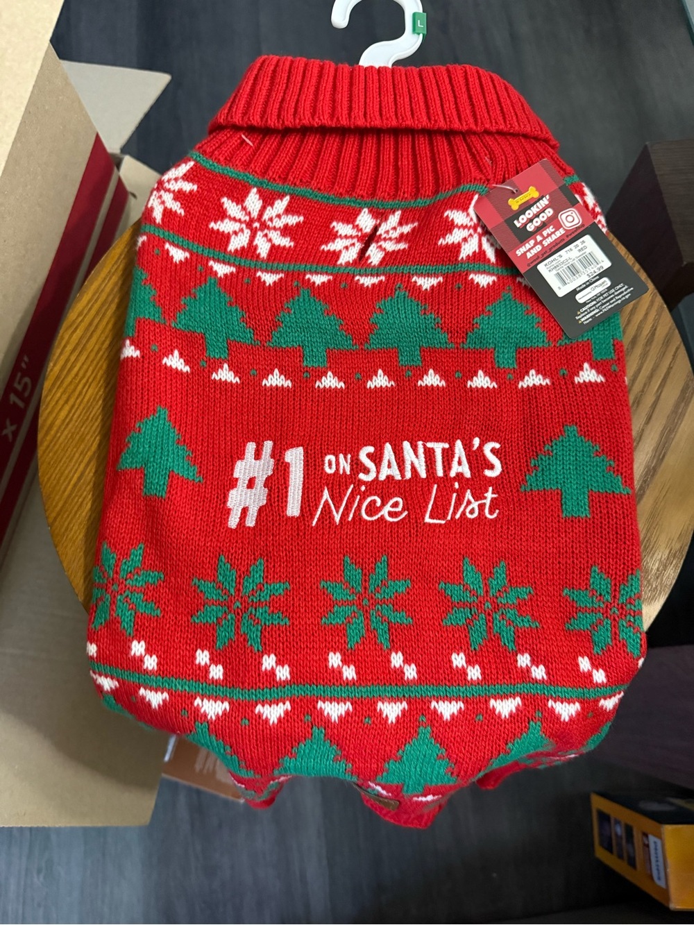 Festive Red "#1 on Santa's Nice List" Pet Holiday Sweater. Size L